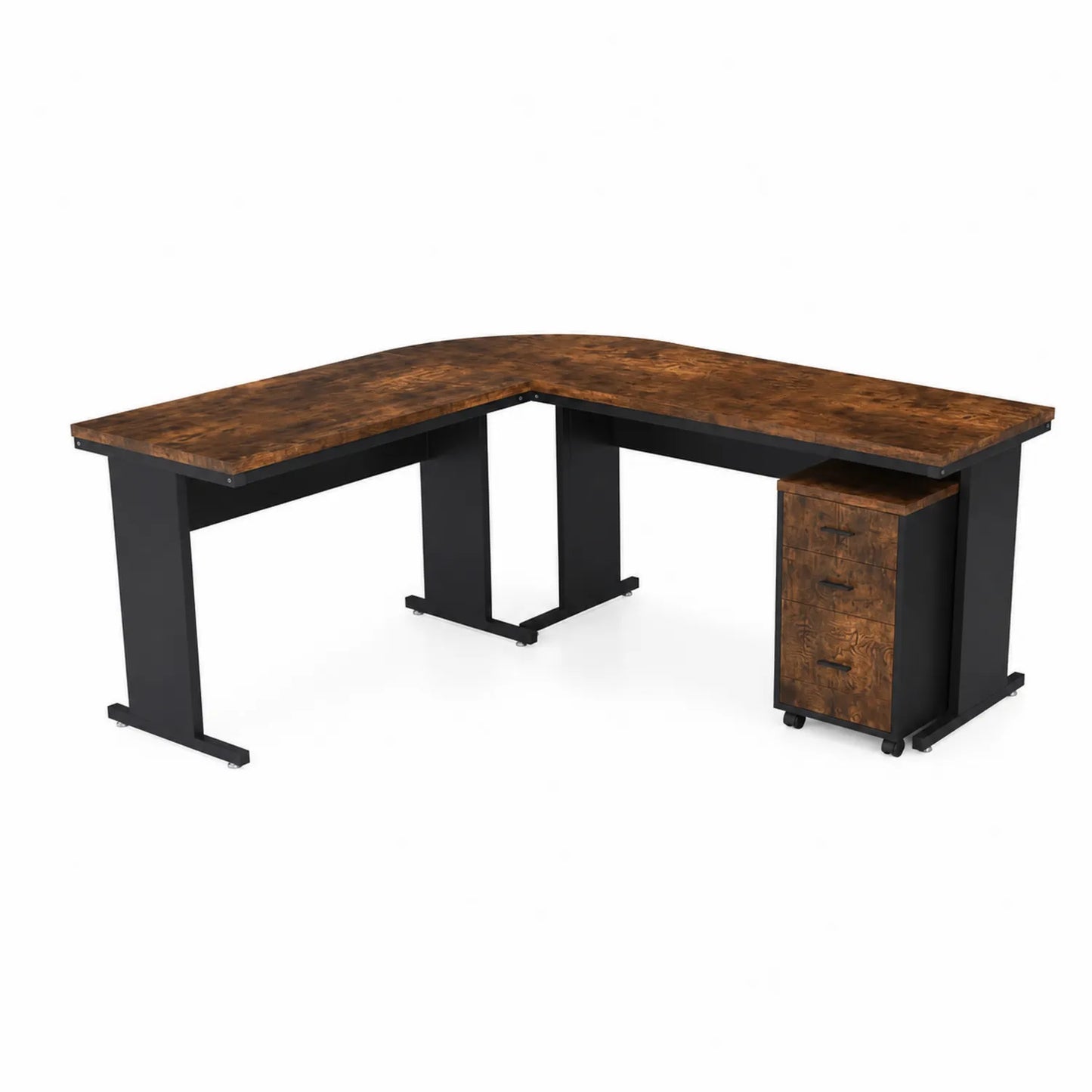 L-förmiger Schreibtisch mit Schubladen aus Holzoptik und Stahl in Schwarz/Braun