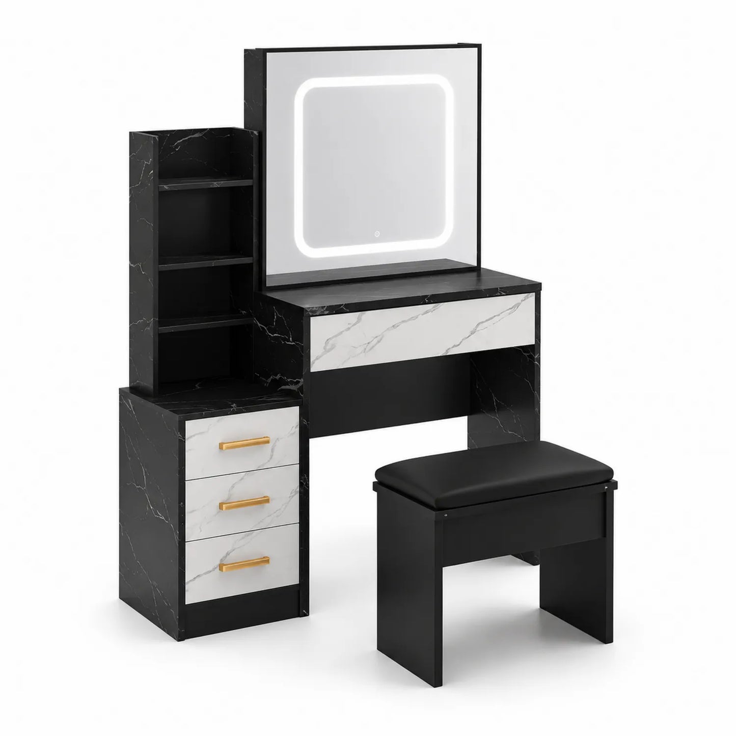 Schminktisch Set mit LED Spiegel, MDF-Schwarz/Weiß-Marmoroptik