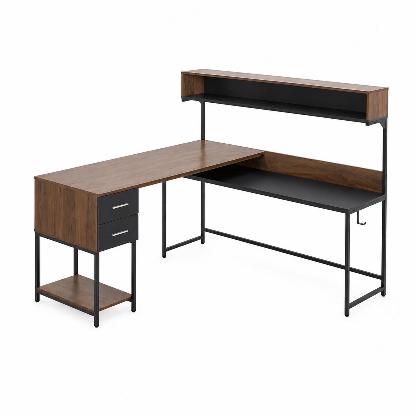 L-förmiger Schreibtisch Dunkelbraun Schwarz Metall Holzfurnier