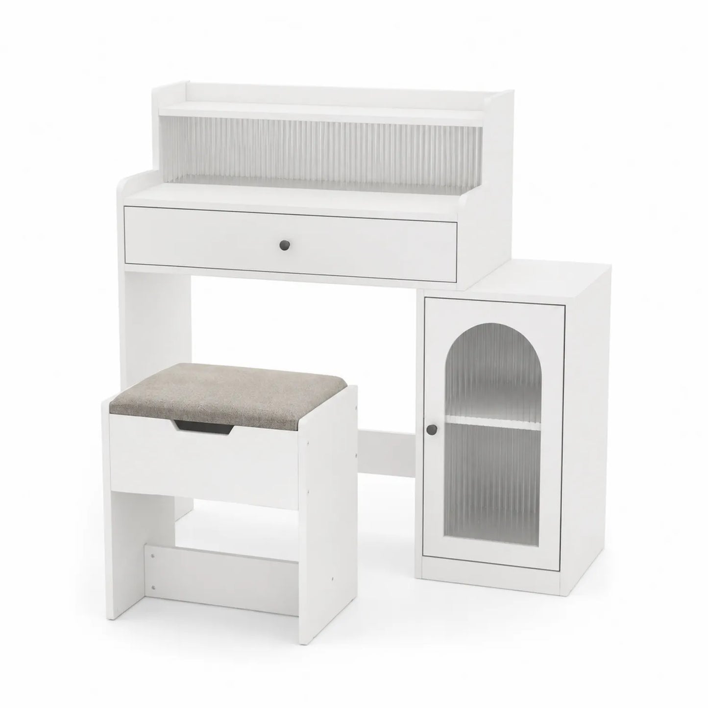 Weißer Schminktisch aus MDF mit gehärtetem Glas und Hocker