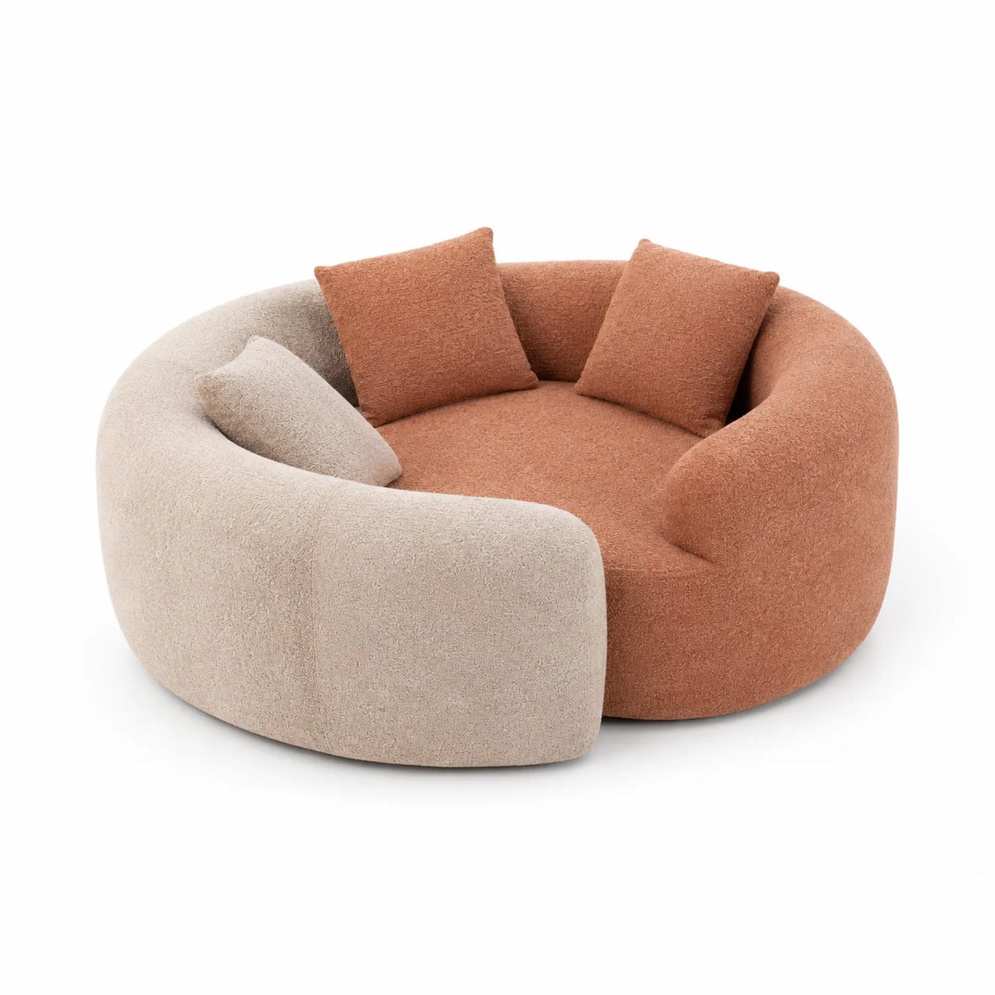 Rundes Sofa aus Bouclé-Stoff in Beige und Orange mit Kissen