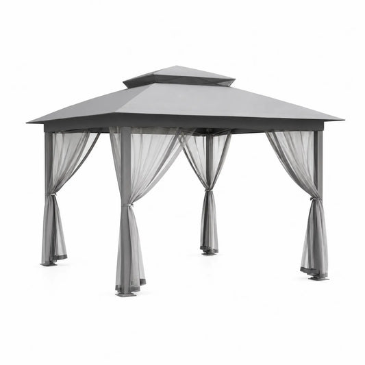 Aluminium Gartenpavillon mit Polyester Vorhängen Grau 300 x 300 x 270 cm