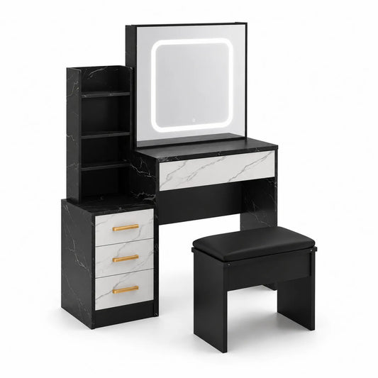 Schminktisch Set mit LED Spiegel, MDF-Schwarz/Weiß-Marmoroptik