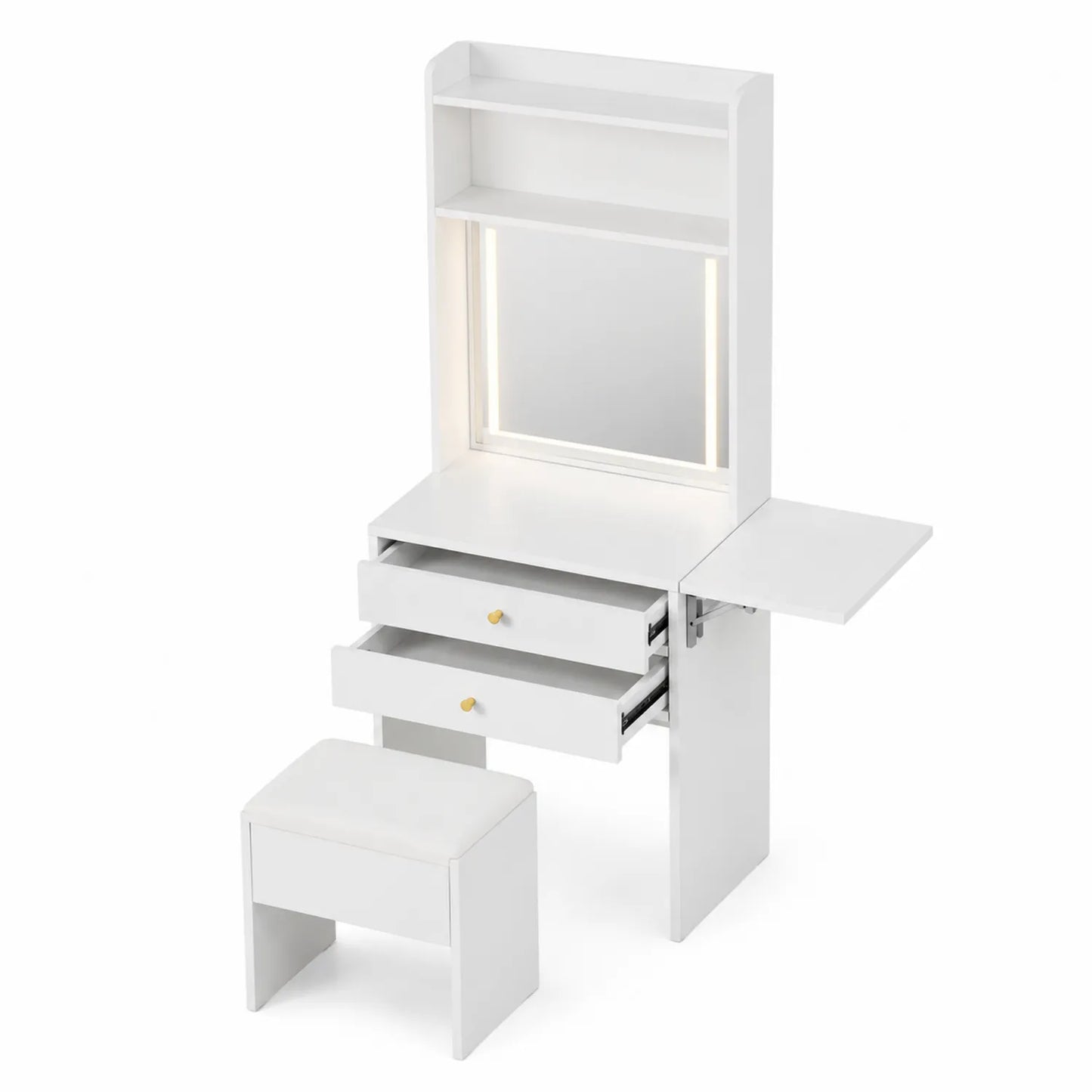 Schminktisch Set mit Spiegel und LED Beleuchtung aus MDF in Weiß