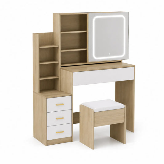 Schminktisch Set mit LED-Spiegel und Hocker aus Holz